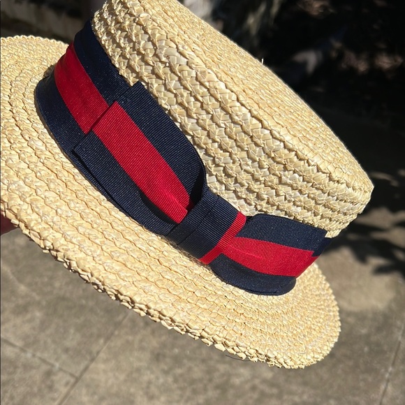 SCALA Straw Boater Hat with Red and Blue Ribbon - Picture 12 of 15